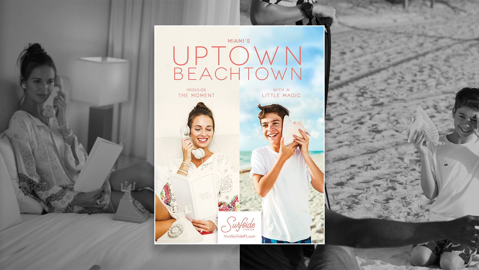 Jacober Creative Identity and Campaign for the Town of Surfside Florida - Photo of magazine ads for the Uptown Beachtown campaign. Left: Woman orders room service. Right: Boy listens through a conch shell