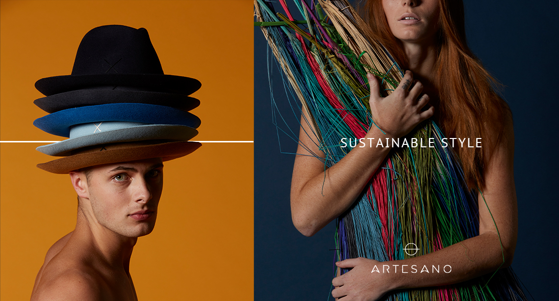 Artesano photo of man with hats stacked on his head and woman holding materials of Artesano hat