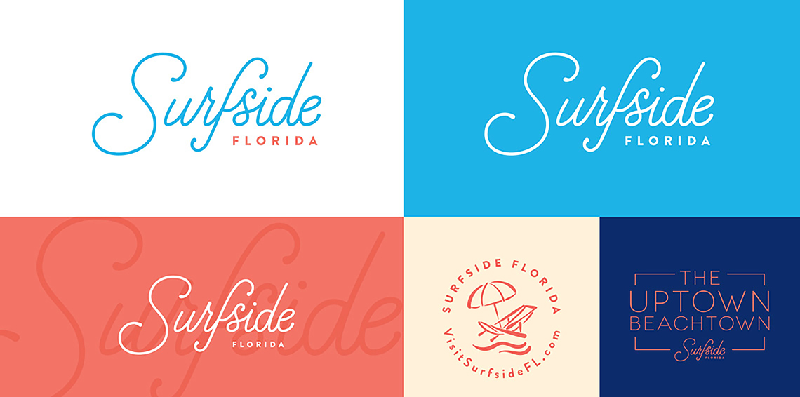 Jacober Creative Identity and Campaign for the Town of Surfside Florida - Photo of logo variants on different colored backgrounds as well as icon badge
