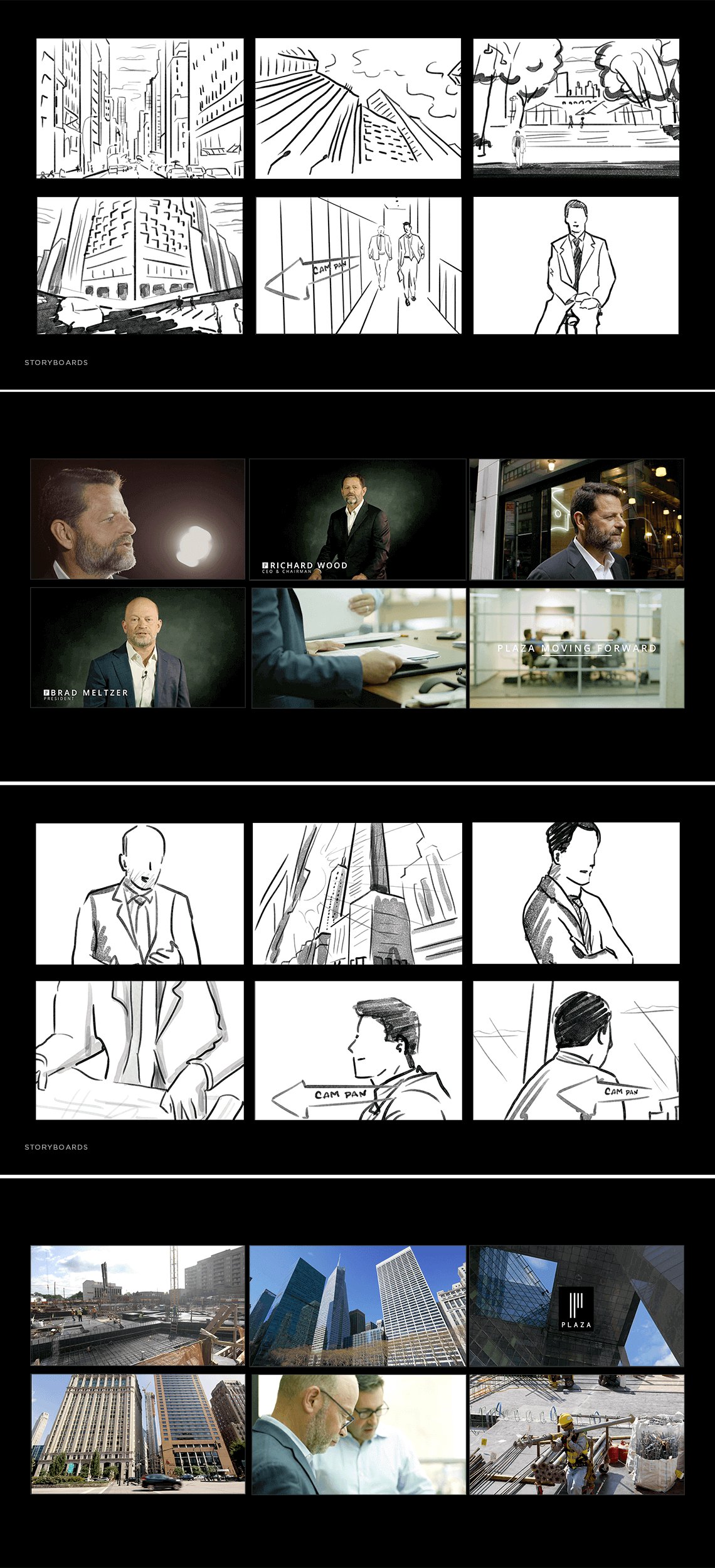 Jacober Creative Brand Identity for Plaza Construction - Photo of storyboard sketches compared to final video shot