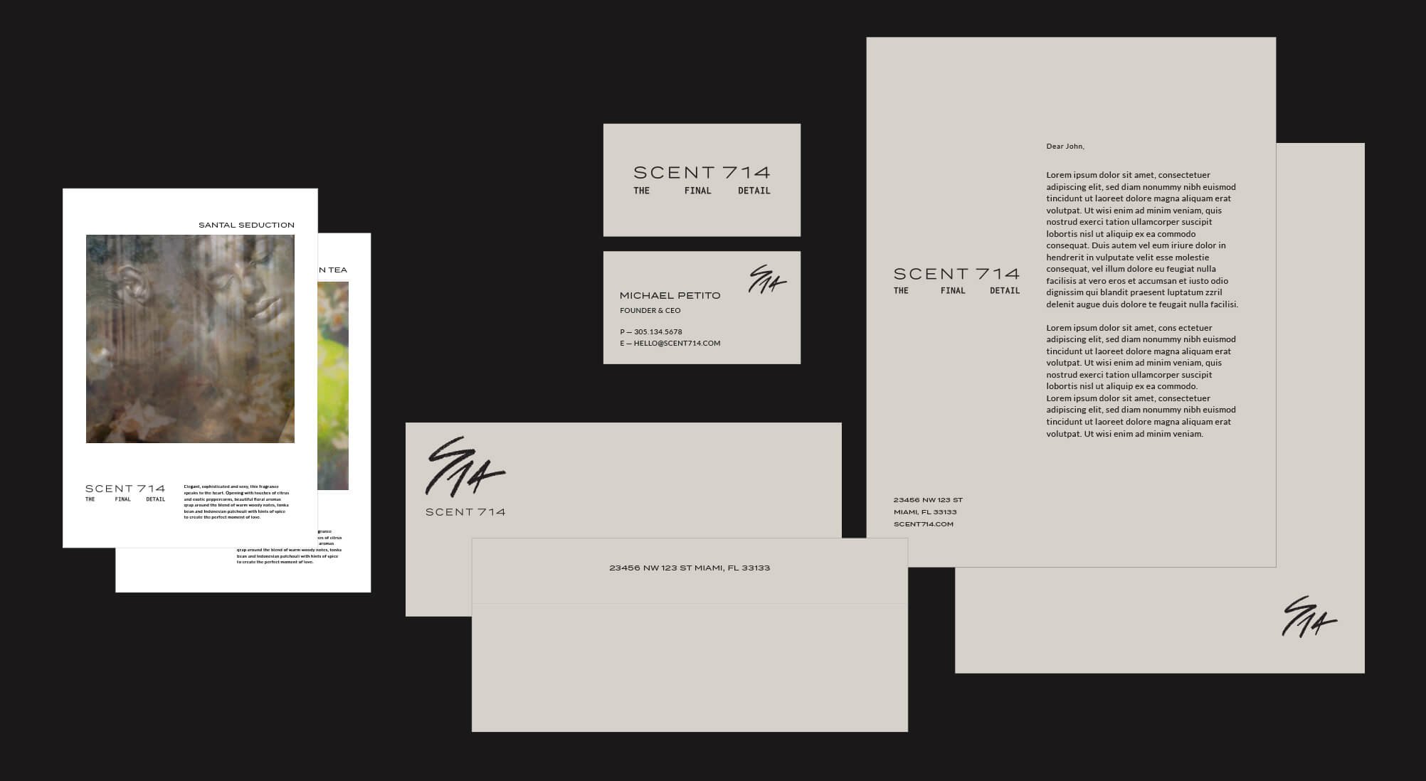 Jacober Creative Brand Identity for Scent 714 Custom Fragrances. Photo of stationery