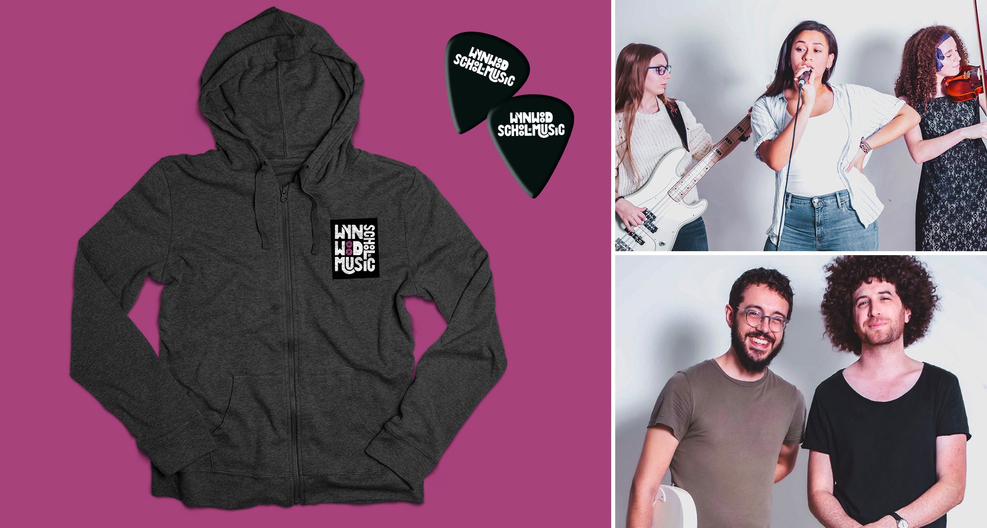 wynwood school of music apparel hoodie and guitar picks with photo grid of students and teachers