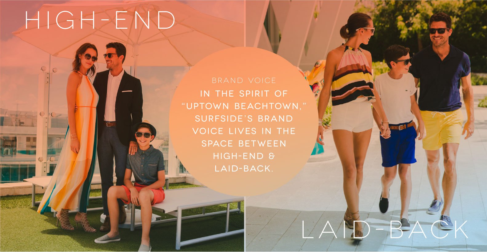 Jacober Creative Identity and Campaign for the Town of Surfside Florida - Photo of family dressed up and dressed down to communicate the high-end and laid-back vibe Surfside offers