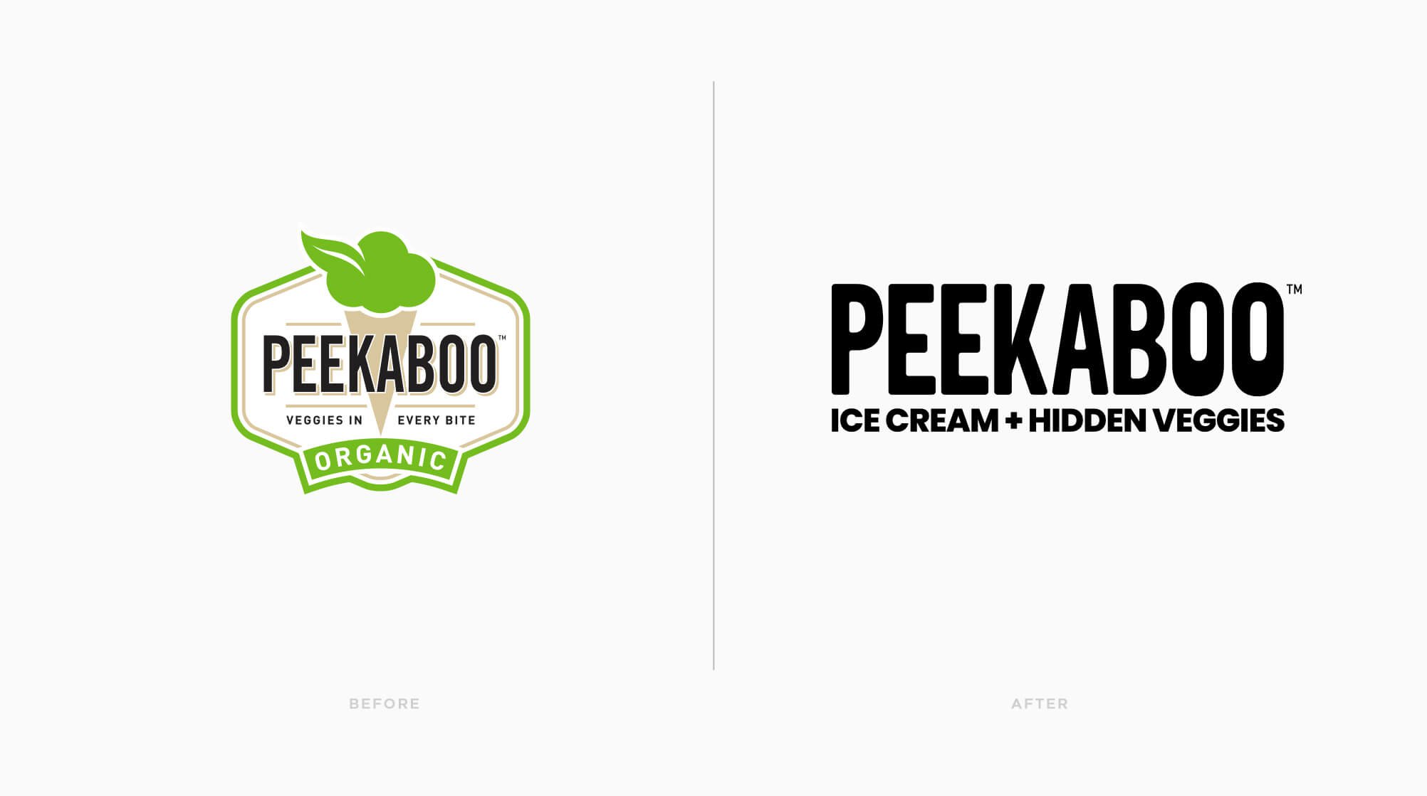 Jacober rebranding of Peekaboo Ice Cream. Photo of logo before and after