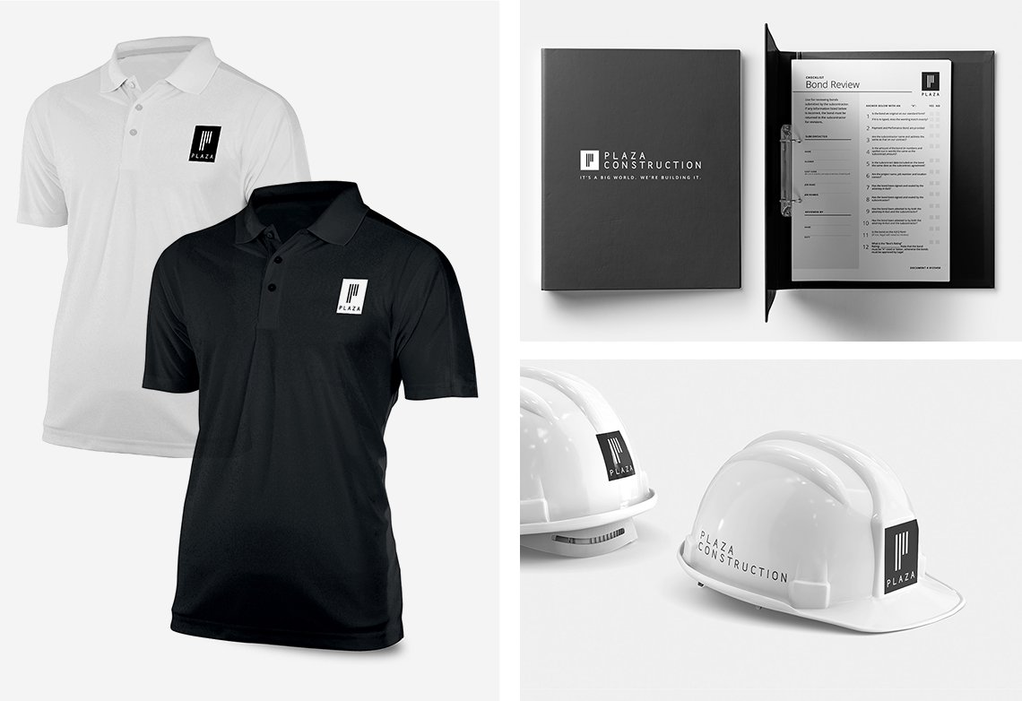 Jacober Creative Brand Identity for Plaza Construction - Photo of branded collateral on hardhats, polo shirt, and printed binder