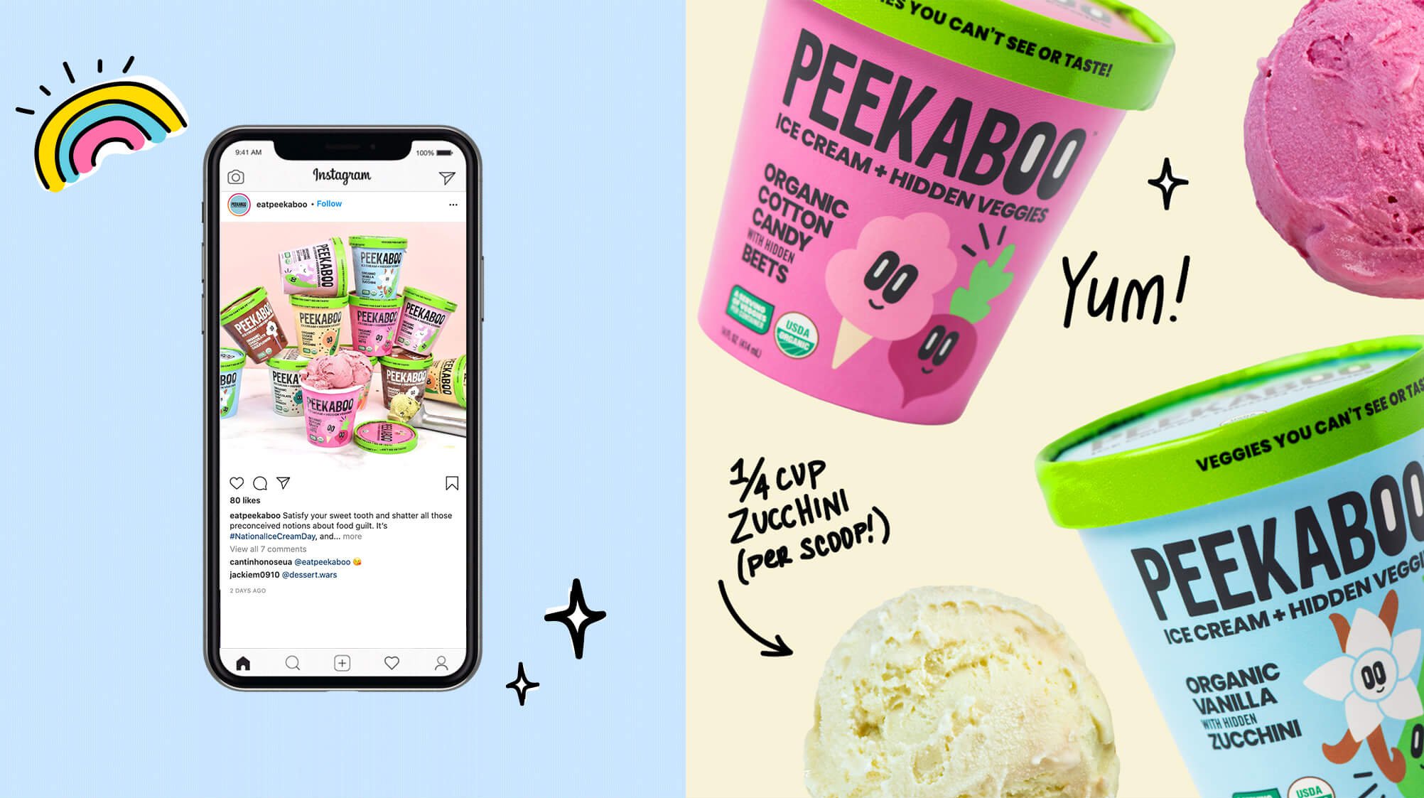 Jacober rebranding of Peekaboo Ice Cream. Photo of a social media post displayed on mobile device and a single graphic to the right