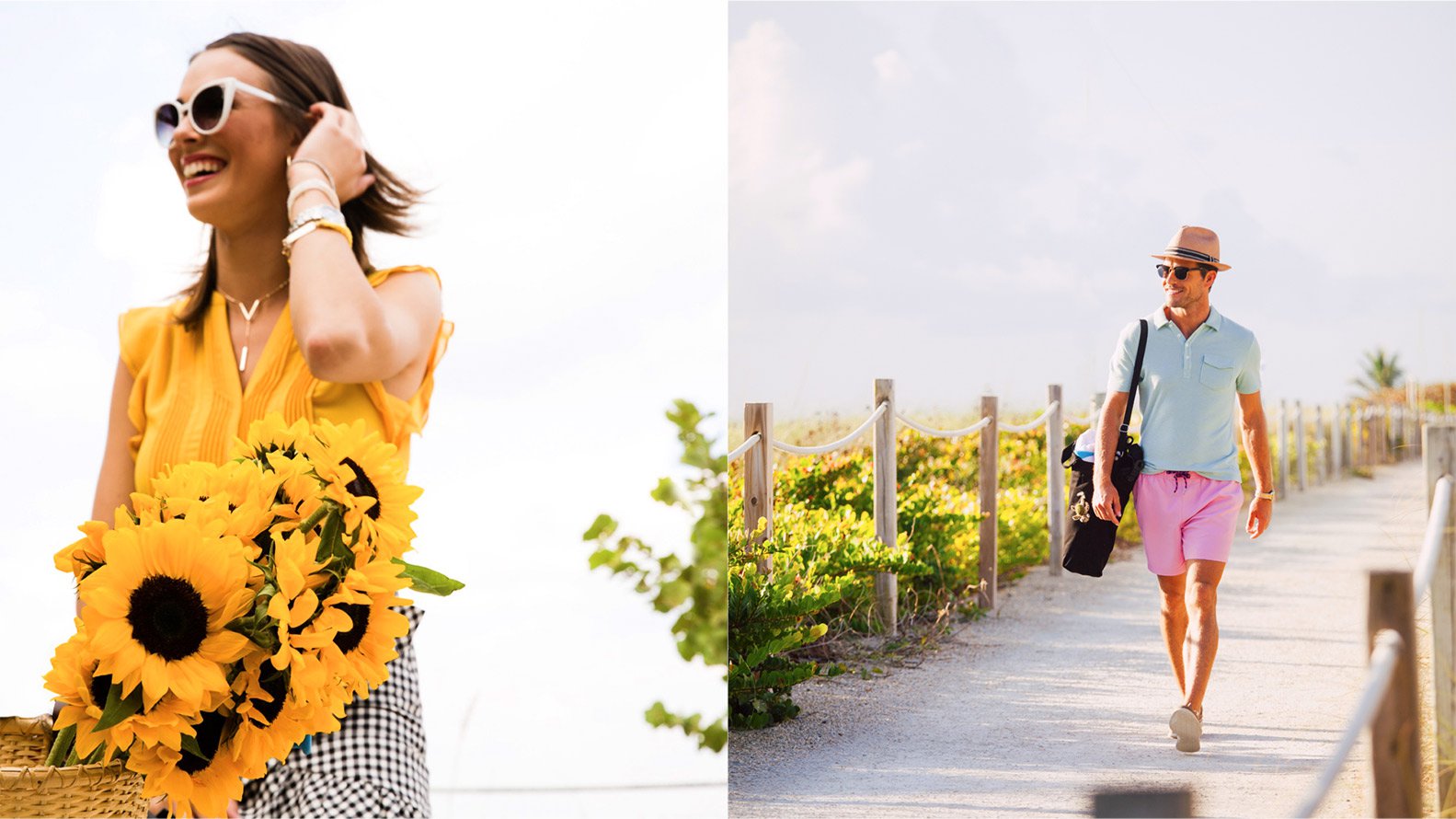 Jacober Creative Identity and Campaign for the Town of Surfside Florida - Photo of campaign photography, Left: Woman riding a bike with sunflowers. Right: Man walks down the Surfside path holding a beach bag and wearing sunglasses.