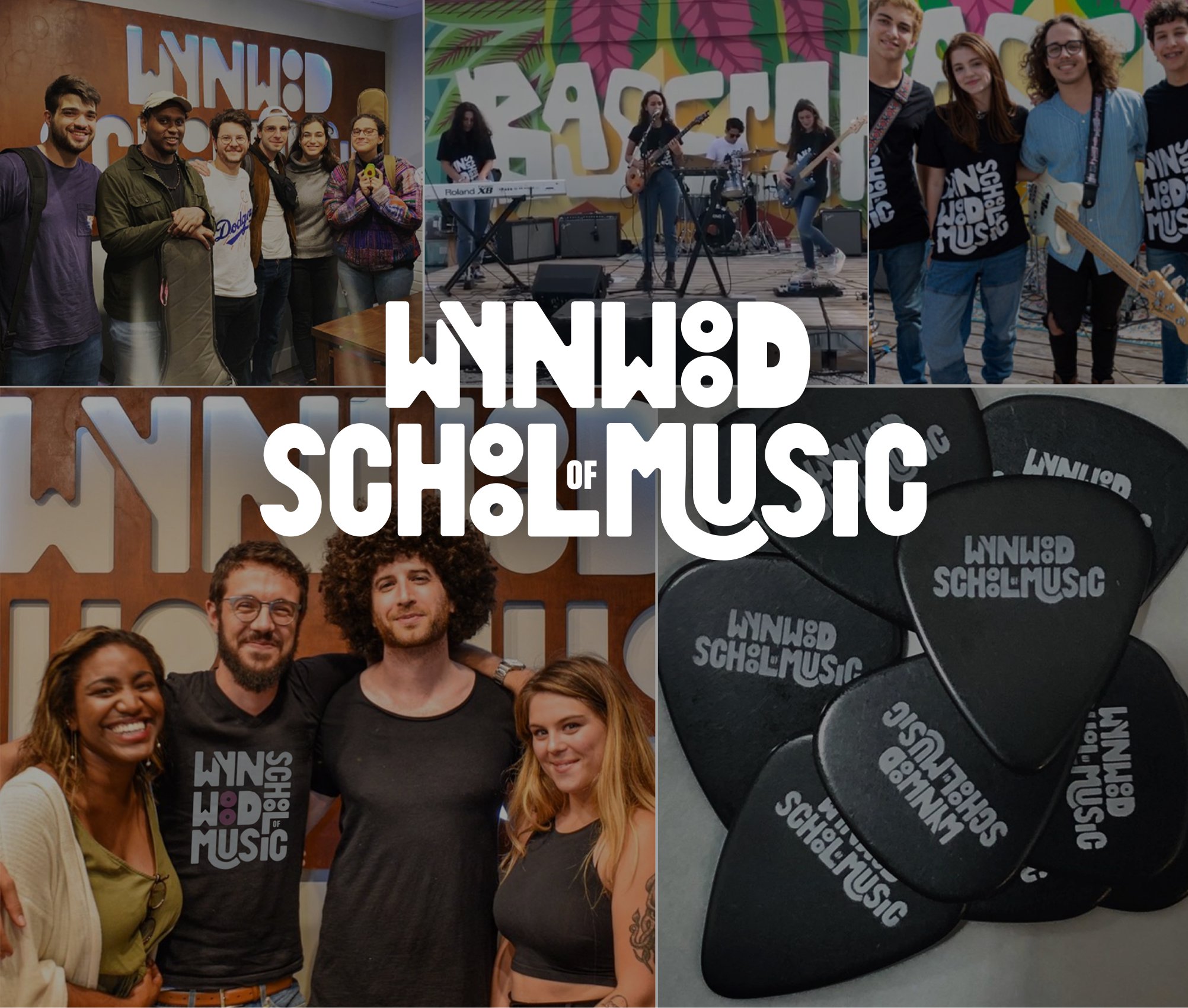 wynwood school of music logo with photo grid of students and teachers