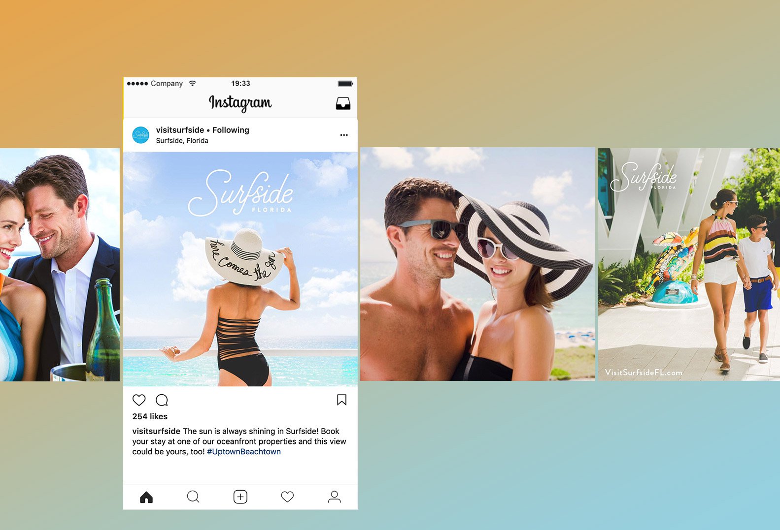 Jacober Creative Identity and Campaign for the Town of Surfside Florida - Photo of social media mockups featuring campaign photography