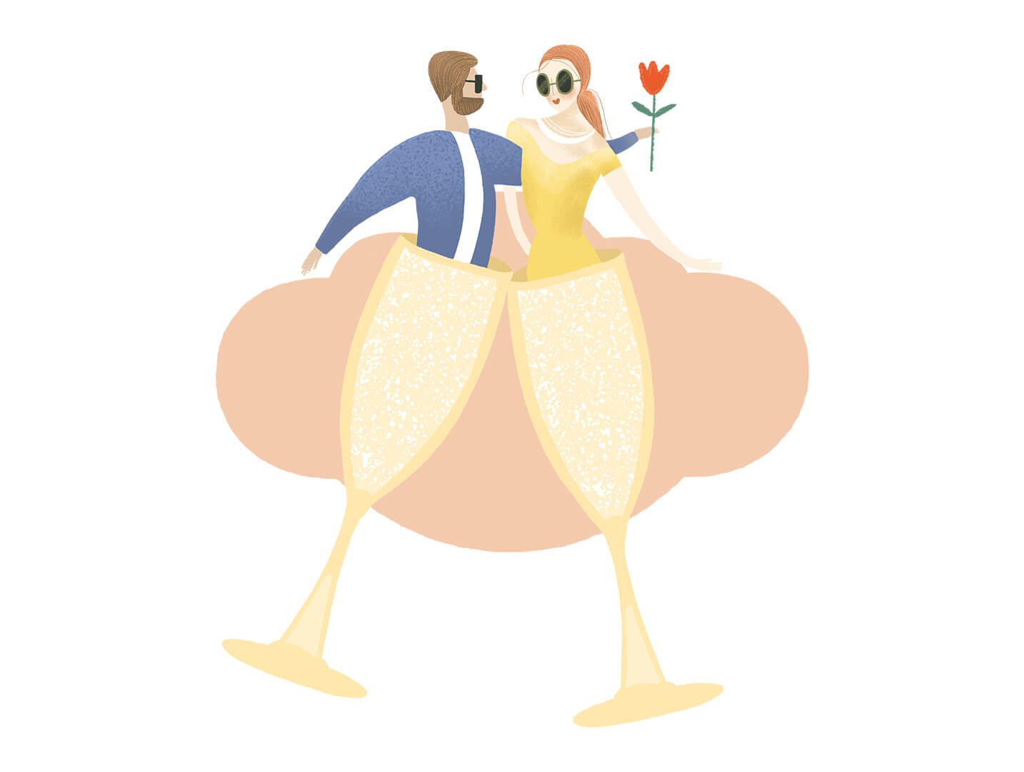 Illustration of a man and woman bursting out of champagne glasses. Featuring Sant Ambroeus