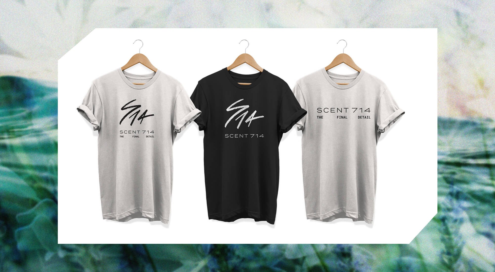 Jacober Creative Brand Identity for Scent 714 Custom Fragrances. Photo of apparel on t-shirts.
